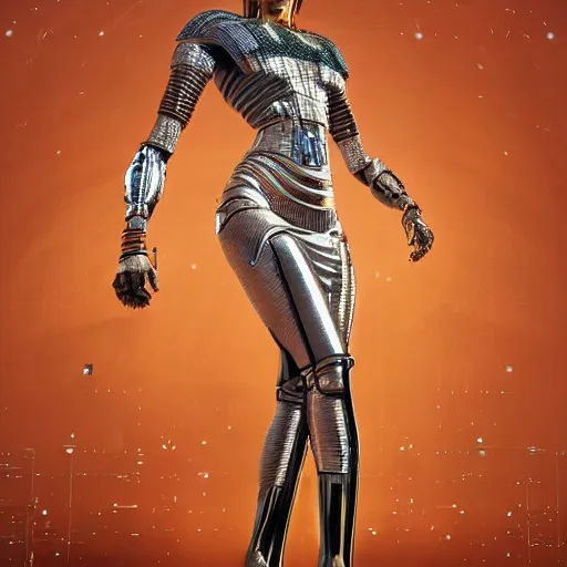 Image similar to full body portrait of the muscular Egyptian Android Pharaoh Queen, by DC comics and Sandra Chevrier and beeple, artstation, volumetric lighting and fog, hyperrealism, hyper detailed futuristic royalty, award winning costume design, cybernetic bionic ancient cyborg, fashion show runway, futuristic fine textures, woven with electricity, high fashion superpowers, floating dust particles, bokeh, mystic haze, 4k UHD, HDR