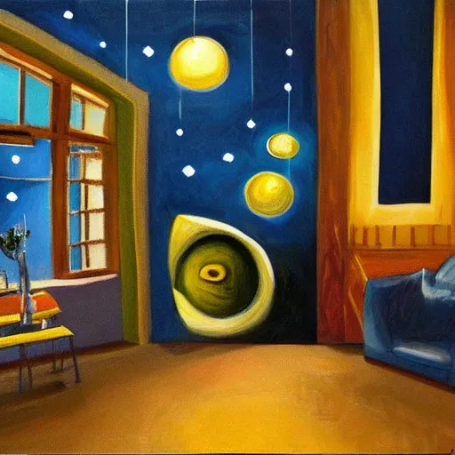 Image similar to painting of an alien house interior, cosy