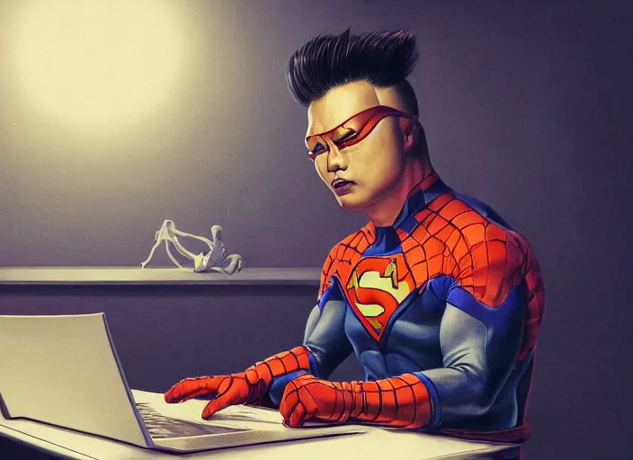 Image similar to an insanely detailed painting of an asian man wearing a homemade superhero costume, sitting at a desk, staring seriously at the computer and typing, in the style of peter mohrbacher, james jean, artgerm, dramatic lighting and composition, surreal background, octane render, pixar, trending on artstation, concept art, comic book, view from behind, 8 k