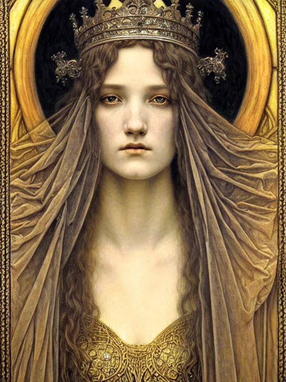 Image similar to detailed realistic beautiful young medieval queen face portrait by jean delville, gustave dore and marco mazzoni, art nouveau, symbolist, visionary, gothic, pre - raphaelite. horizontal symmetry