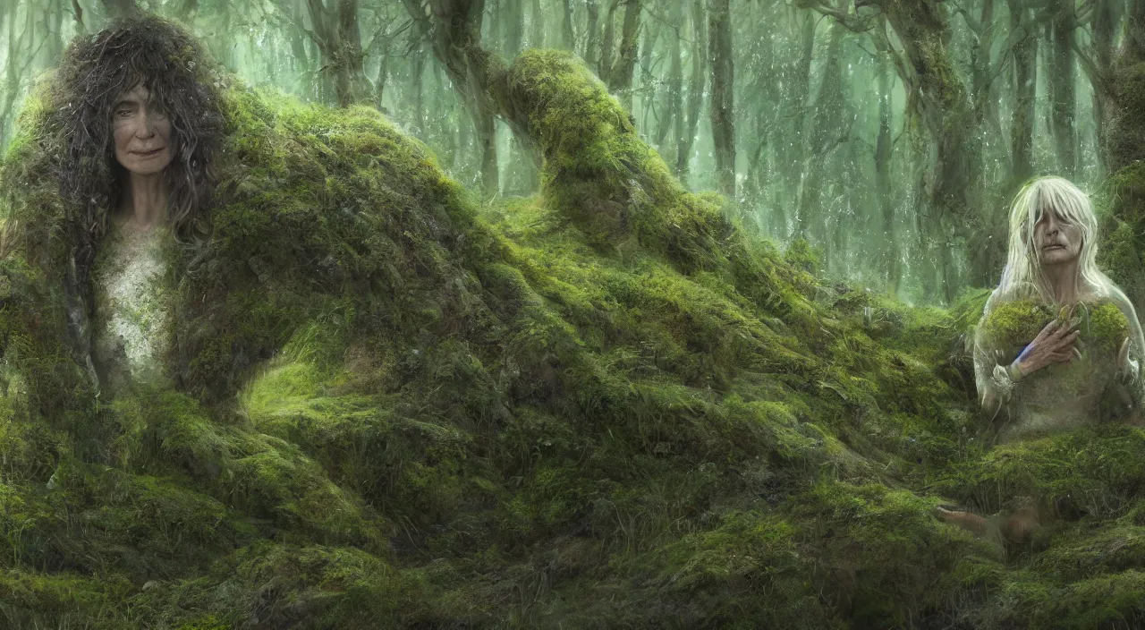 Image similar to Singular 65 year-old Gaia goddess covered in moss, crying softly and humbly, in desolate land, highly-detailed, elegant, dramatic lighting, artstation, 4k