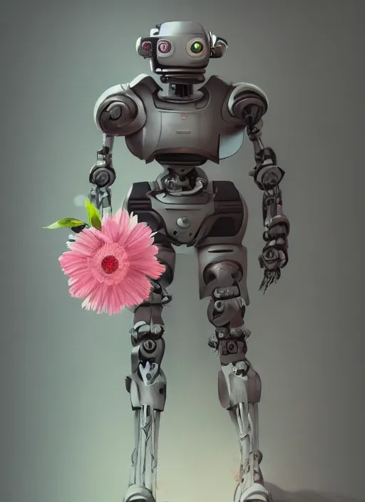 Image similar to detailed full body concept art illustration pastel painting of a robot holding a flower, ultra detailed, digital art, octane render, dystopian, micro detail, 4k