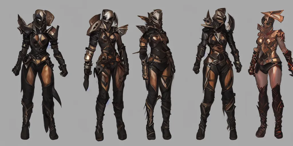 Prompt: three different views of a rogue armor set with blades and leather straps and belts and knives and shurikens, concept art by senior character artist, trending on artstation, artstation hd, full body