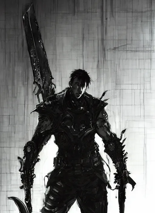 Image similar to Full body portrait of giant Nicholas Cage with a giant black blade. In style of Yoji Shinkawa and Hyung-tae Kim, trending on ArtStation, dark fantasy, great composition, concept art, highly detailed, dynamic pose.