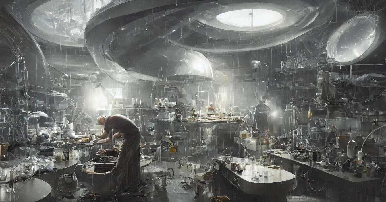 Image similar to engineer repairs broken flying saucer full of modern equipment, in the laboratory full of tools and machines, high detail, realistic characters, volume raytracing fog, wet reflective ground, by james paick, by ilm, by digital domain, by weta digital