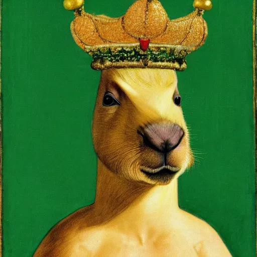 Image similar to a capybara in a crown dress on his head, wearing a long green silk balenciaga, portrait, 1 4 th century style, realistic,