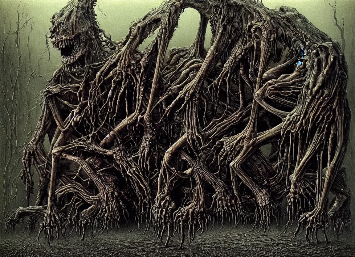 Prompt: Giant fanged limb monster walks in the road. Drops of blood and meat with veins. There are dead bodies on the road. Dark colors, high detail, hyperrealism, horror art, intricate details, masterpiece, biopunk, body-horror, art by Beksinski, Giger