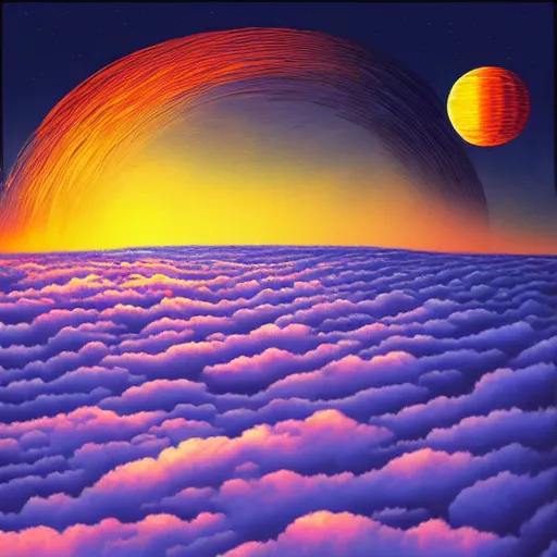Prompt: A view from above the clouds in the style of Mark Riddick and Rob Gonsalves, award winning album cover artwork, psychedelic, UHD, 8K High Definition, grain, gradient, noise