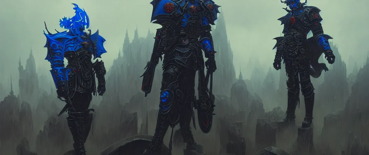 Prompt: composition of gothic and futuristic young mainem, warhammer, cyber japan armor, more and more scars, thunderstorm, blue head, the middle ages, highly detailed, artstation, in the style of moebius, jugendstil and classic japanese print, art by greg rutkowski and rene magritte