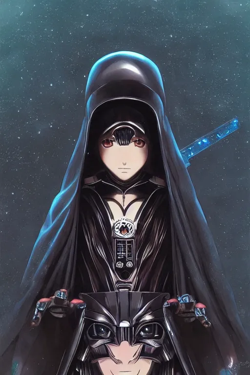 Image similar to anime key visual of a female darth vader goddess!!, intricate, stunning, highly detailed, digital painting, artstation, smooth, hard focus, starwars, sith, dark side, villain, the force, lucas films, illustration, art by artgerm and greg rutkowski and alphonse mucha