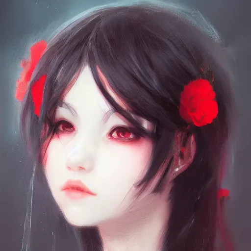 Image similar to a cute girl by ruan jia, 8 k, closeup headshot, smooth, trending on artstation, black long hair, a red flower in her hair