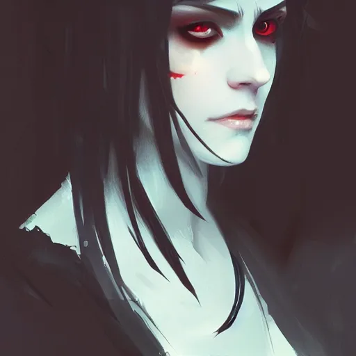 Image similar to female human vampire witch in the style of greg rutkowski, makoto shinkai, trending on artstation, character design, concept art, pretty face, highly detailed, long black hair, portrait, digital art