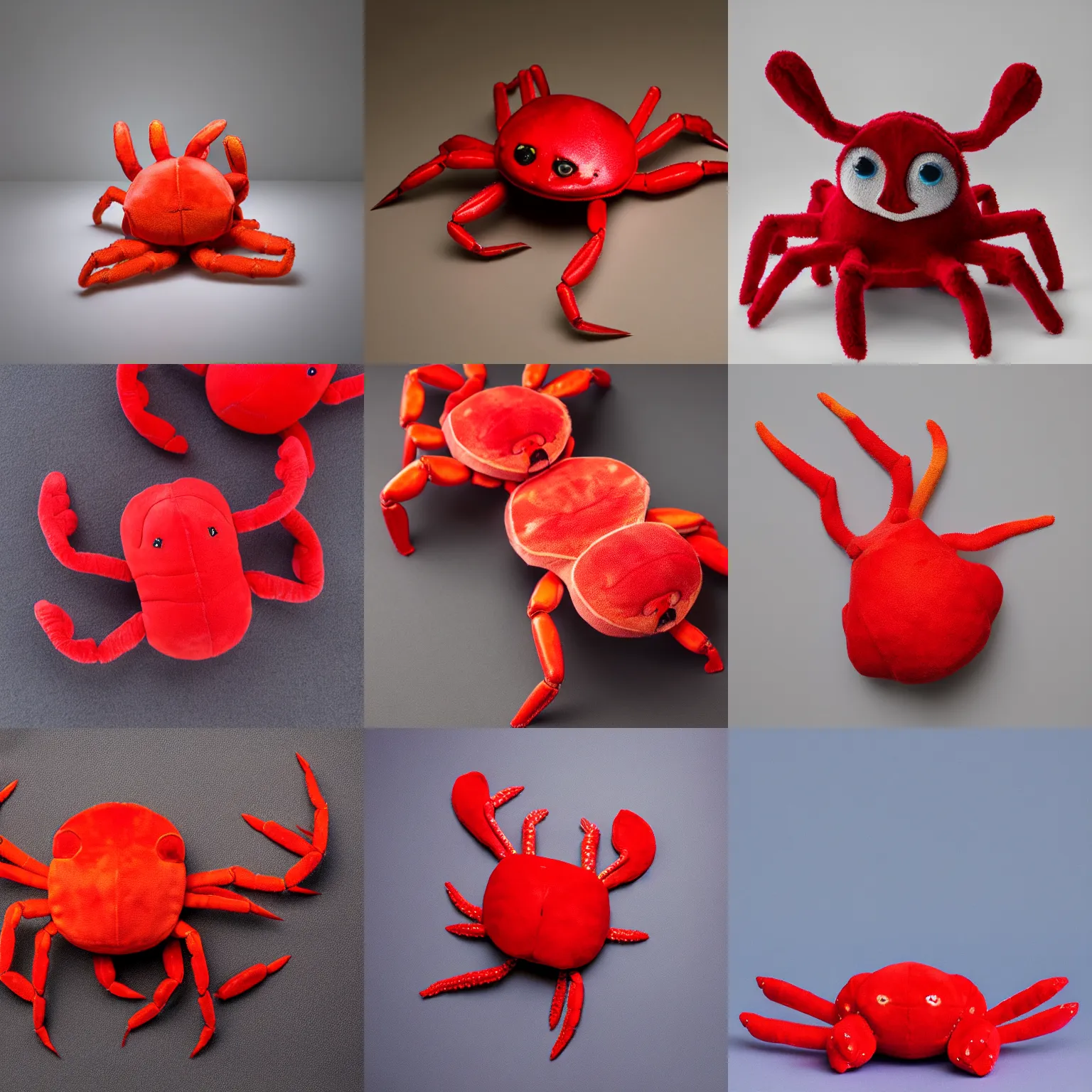 Prompt: a plushi of a red crab, studio lighting, product photo