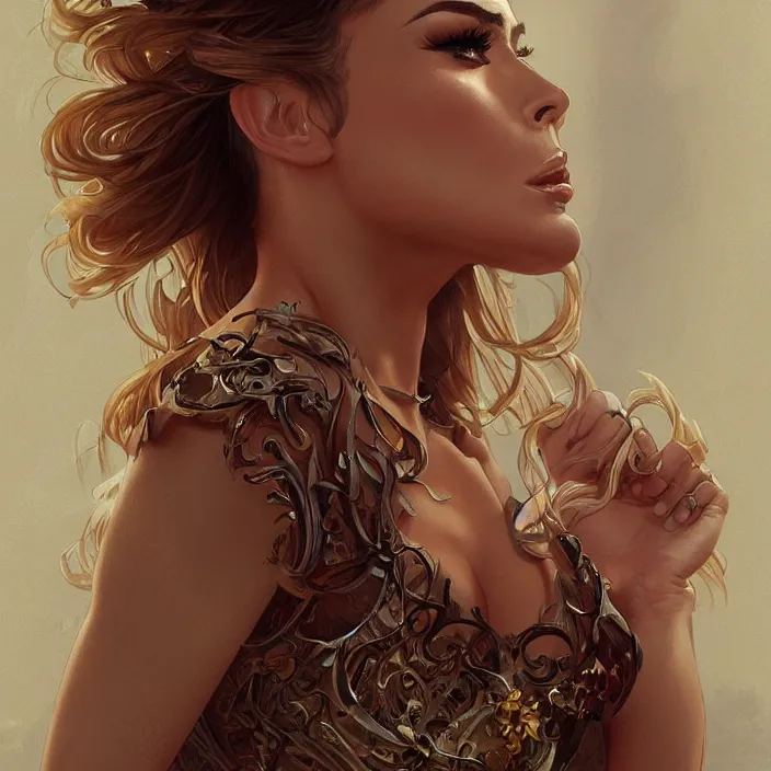 Image similar to portrait of Carmen Electra, fantasy low cut dress, intricate, elegant, highly detailed, digital painting, artstation, concept art, smooth, sharp focus, illustration, art by artgerm and greg rutkowski and alphonse mucha