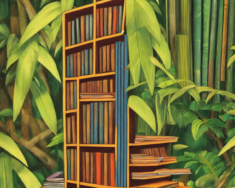 Prompt: one small bookshelf in the rainforest, featuring law books, by hopper. hyperdetailed, proportional, romantic, enchanting, achingly beautiful, graphic print, trending on artstation, jungle, tropical, foliage