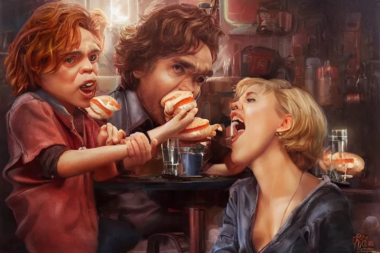 Image similar to portrait of peter dinklage sharing hotdogs with scarlett johansson, an oil painting by ross tran and thomas kincade