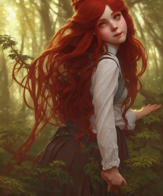 Prompt: portrait cute female, magic school uniform, fantasy forest landscape, dnd fantasy magic, long red hair, cinematic rim light, intricate, elegant, highly detailed, digital painting, artstation, concept art, smooth, sharp focus, illustration, art by artgerm and greg rutkowski and alphonse mucha