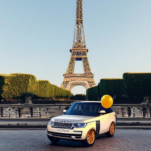 Prompt: range rover car in the shape of a balloon flying in front of the eiffel tower, photo realistic, golden hour
