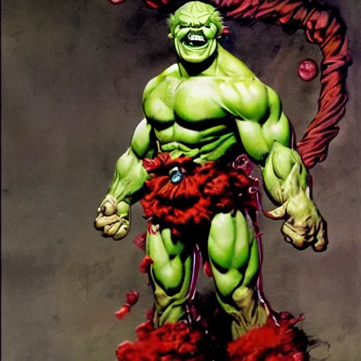 Image similar to frank frazetta the hulk as pennywise, whole body shot, 8 k, realistic, photo real, smooth, sharp, intricate detail, hyper detail, dramatic lighting, dramatic shading