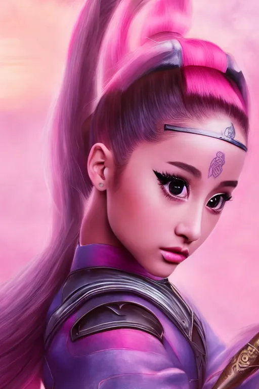 Image similar to highly detailed beautiful photo of a ariana grande as a young female samurai, practising sword stances, symmetrical face, beautiful eyes, pink hair, realistic anime art style, 8 k, award winning photo, pastels colours, action photography, 1 / 1 2 5 shutter speed, sunrise lighting