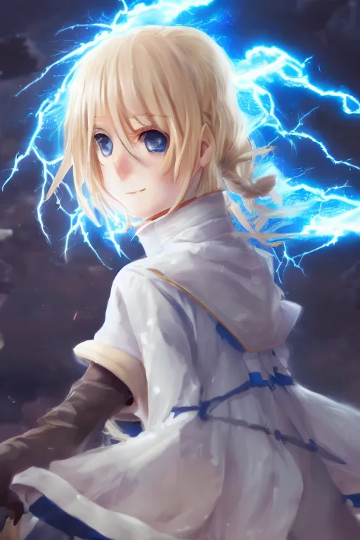 Prompt: anime teen girl with blonde ponytail wearing white and blue long jacket surrounded by lightning streaks, wlop, concept art, digital painting, trending on artstation, highly detailed, epic composition, 8 k uhd