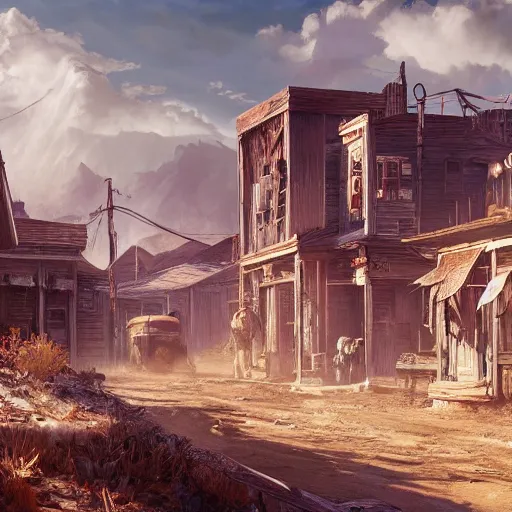 Prompt: painting of an old west town, ultra realistic, concept art, intricate details, eerie, highly detailed, fallout, wasteland, photorealistic, octane render, 8 k, unreal engine 5. art by artgerm and greg rutkowski and alphonse mucha