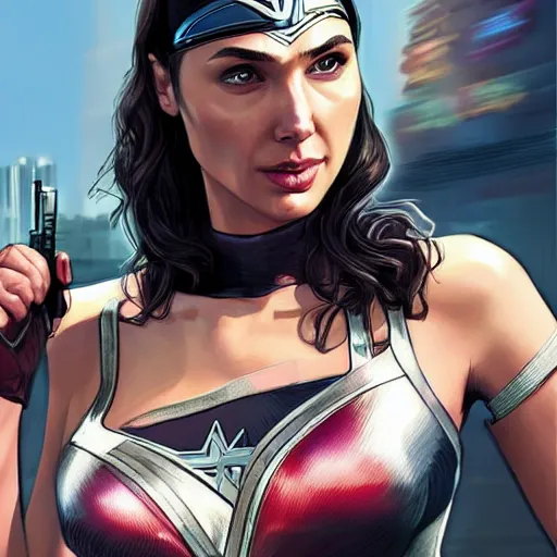 Prompt: gal gadot in gta v, cover art by stephen bliss, artstation, no text