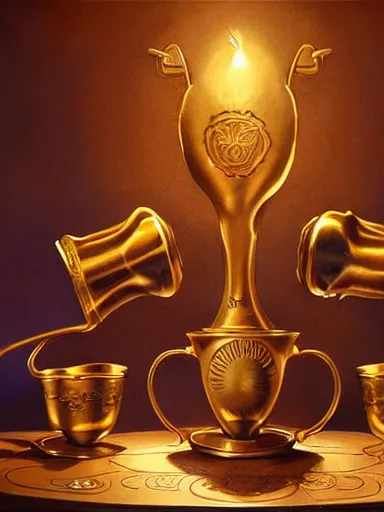 Prompt: a trio rejoicing, cheers with golden cups. intricate, elegant, highly detailed, digital painting, artstation, concept art, sharp focus, illustration, by justin gerard and artgerm, 8 k