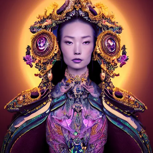 Image similar to a beautiful empress portrait, with a brilliant, impossible striking big cosmic galaxy headpiece, clothes entirely made out of cosmos chaos energy, symmetrical, dramatic studio lighting, rococo, baroque, jewels, asian, hyperrealism, closeup, D&D, fantasy, intricate, elegant, highly detailed, digital painting, artstation, octane render, 8k, concept art, matte, sharp focus, illustration, art by Artgerm and Greg Rutkowski and Alphonse Mucha