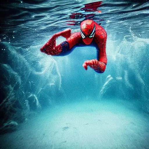 Image similar to underwater shoot photo of Spiderman , high detail , perfect photo