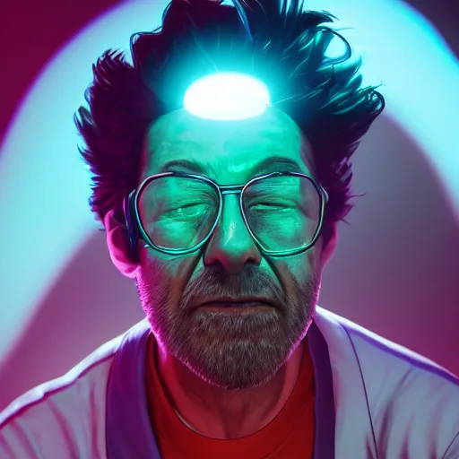 Image similar to portrait of rick sanchez, lab coat and tee shirt, lens flare, atmosphere, glow, detailed, intricate, full of colour, cinematic lighting, trending on artstation, 4 k, hyperrealistic, focused, extreme details, unreal engine 5, cinematic, masterpiece