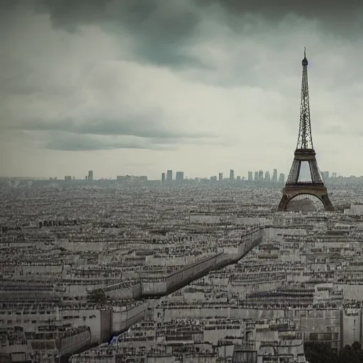 Image similar to post apocalyptic paris,ultra wide, octane render, cinematic, hyper realistic,