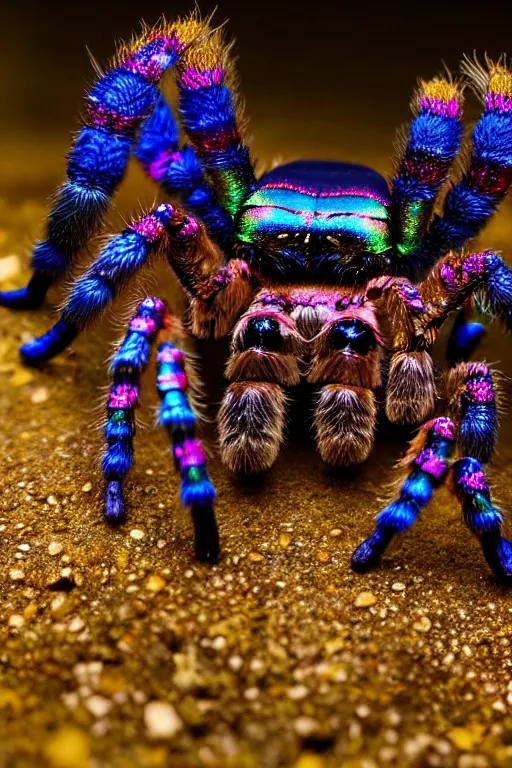 Image similar to high quality macro photo rococo iridescent tarantula! jewelled very cute! highly detailed david ligare elson peter cinematic blue neon lighting high quality low angle hd 8k sharp shallow depth of field