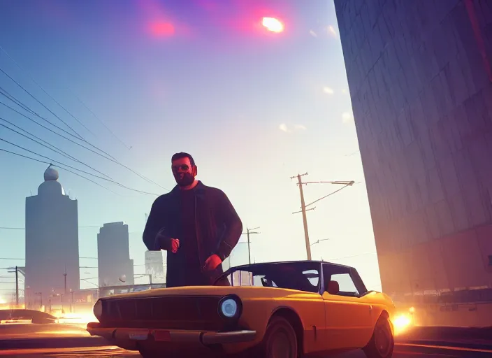 Image similar to gta in moscow, playstation 5 screenshot, mega details, golden hour, orange lights, fog, beautiful rtx reflections, brutalism buildings, photorealistic, unreal engine 5, octane render, volumetric light, cg society, 4 k, bokeh, lada car, artstation