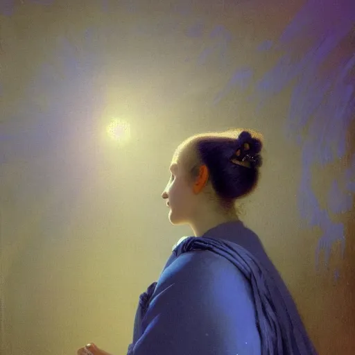 Image similar to a young woman's face, her hair is silver grey and she wears an indigo blue satin cloak, by ivan aivazovsky and syd mead and moebius and gaston bussiere and roger dean and pieter claesz and paul delaroche and alma tadema and aelbert cuyp and donato giancola, hyperrealistic, volumetric light, octane render