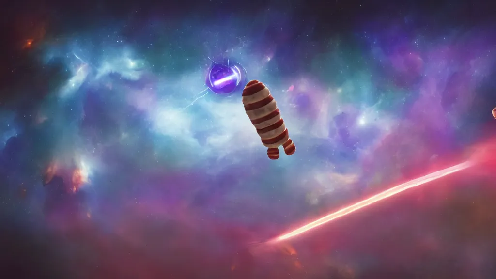 Prompt: sausage rocket travelling to a distant planet. whole body. nebula background. cinematic composition. cinematic lightning. ultra realistic. 8 k. highly detailled. deep space. ultra realistic details. cinematic atmosphere. studio lighting. shadows. dark background.