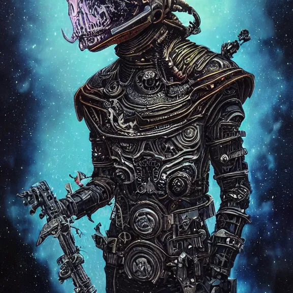 Image similar to a highly detailed undead space pirate portrait of an interstellar criminal radiating a dark unholy aura, an evil cosmic punisher, ornate black futuristic gothic armor, intricate broken space helmet, VR iridium visor, 8k, by Tristan eaton, Stanley Artgermm, Tom Bagshaw, Greg Rutkowski, Carne Griffiths, Ayami Kojima, Beksinski, Giger, trending on DeviantArt, face enhance, hyper detailed, minimalist, cybernetic, android, blade runner, full of colour,