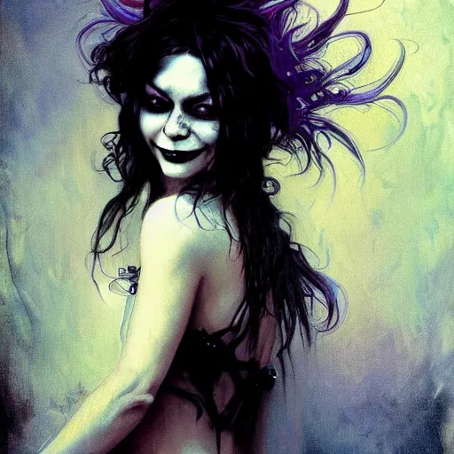 Image similar to beautiful portrait of vanessa hudgens as death from sandman, smiling, by cedric peyravernay, alphonse mucha, by jeremy mann, by lecouffe deharme, goth chic, soft lightning, eyeliner, punk rock, high detailed, 8 k