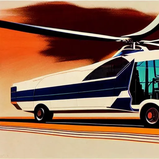 Image similar to concept art for bus + helicopter, painted by syd mead, high quality