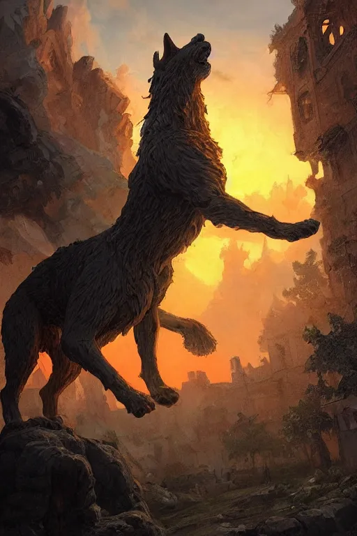 Prompt: a beautiful artwork illustration, statue of Fenrir standing over a medieval village at sunset, fiery destruction, by Greg Rutkowski and Jesper Ejsing and Raymond Swanland, featured on artstation, wide angle, vertical orientation