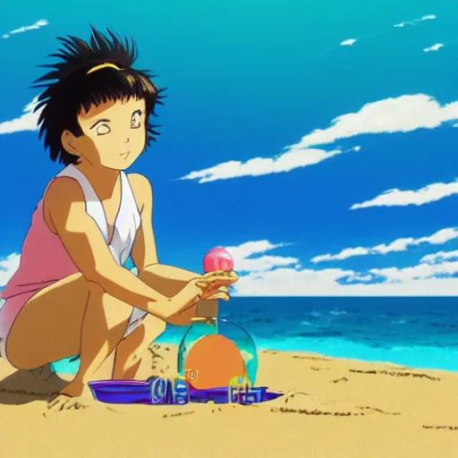 Image similar to girl making a sand castle on the beach, sprite, vaporwave nostalgia, visual novel cg, 8 0 s anime vibe, studio ghibli, sketch by by osamu tezuka, directed by beat takeshi, wallpaper, ultra hd, vlc screenshot