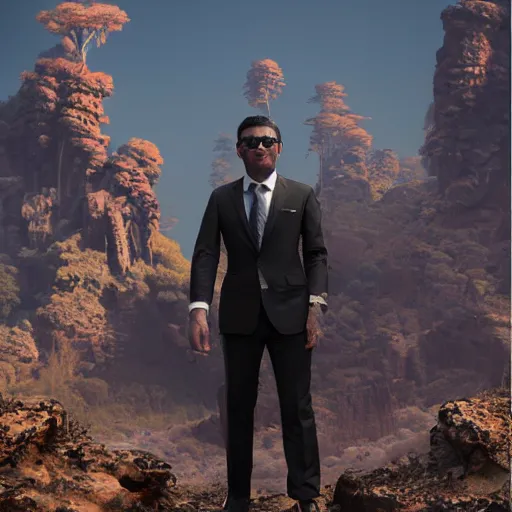 Prompt: Monkey in a suit landscape by Maciej Kuciara, 8k ultra high definition, upscaled, perfect composition , golden ratio, image credit nat geo