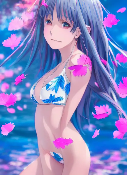 Image similar to gorgeous anime in bikini covered in translucent blue and pink leaf and petals in the style of stefan kostic, cute - fine - face, dasha taran, backlit, refracted lighting, elegant, half body shot, 8 k, insanely detailed, intricate, art by stanley lau, artgerm, wlop, kuvshinov ilya,