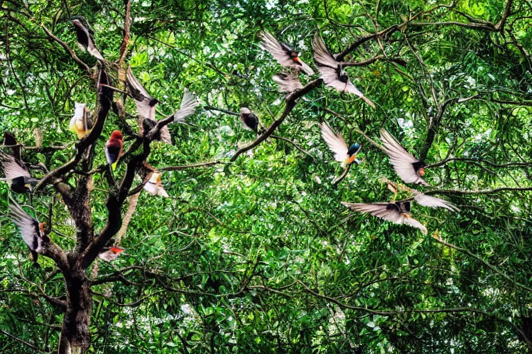 Prompt: birds flying out of a tree in the jungle