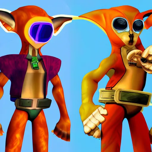 Prompt: crypto from destroy all humans as a jak and daxter character, jak and daxter screenshot, digital art, ps 2