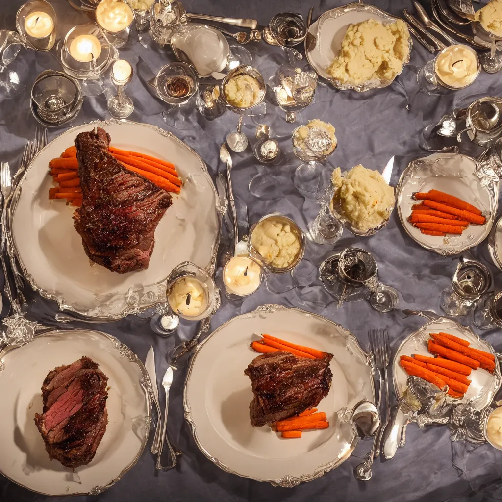 Prompt: single plate with prime rib, asparagus, mashed potatoes and gravy, and steamed carrots with blue table cloth and lit candles in ornate silver candlesticks, ultra - realistic, photo realism, professional photograph, extreme detail, deep focus, laser sharp, volumetric lighting, atmospheric, luxury, elite