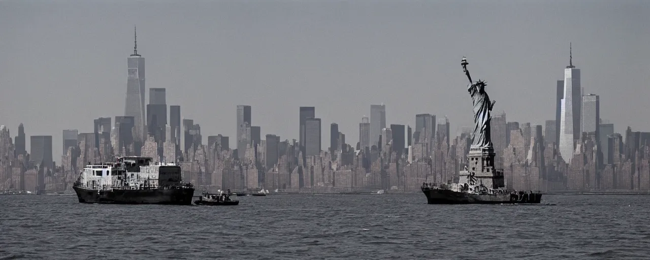 Image similar to a ship transporting spaghetti in new york's hudson river, the statute of liberty in the background, canon 8 0 mm, photography, film, kodachrome