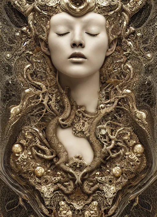 Image similar to marble sculpture of many beautiful woman, oil slick, palladium veins, dripping, mandelbulb, oil, melting, hypercube, ivory carving, fractal paisley inlay, lace, intricate, elegant, highly detailed, gold inlay, metallic, ivory, artgerm, lace, by ruan jia, greg rutkowski, mucha, zbrush, nick alm