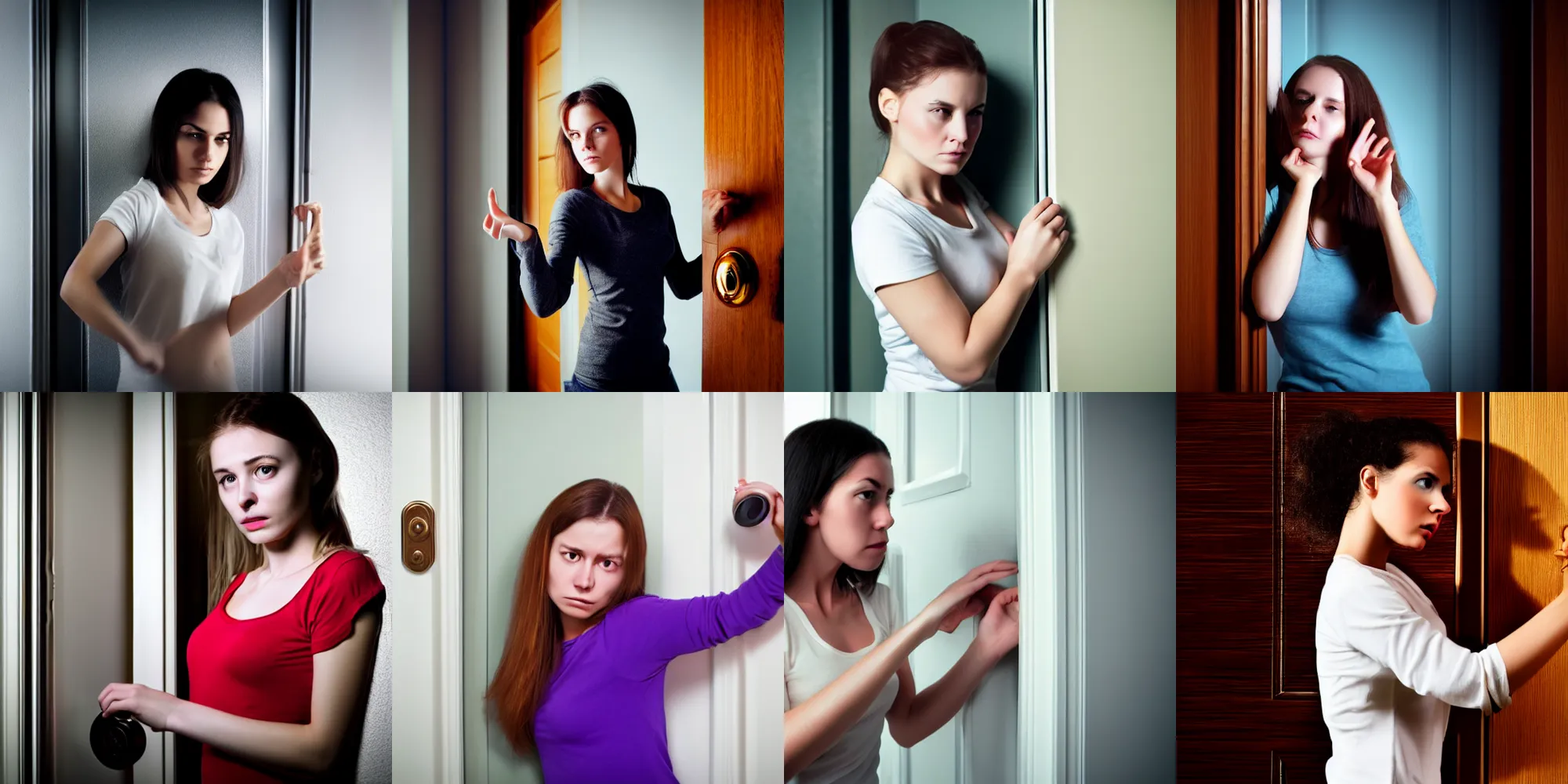 Prompt: young woman holding on to a doorknob, leaving a room, annoyed expression, sci - fi complex