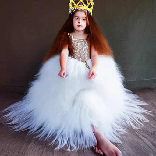 Image similar to fluffy long haired ragdoll cat wearing princess dress and crown